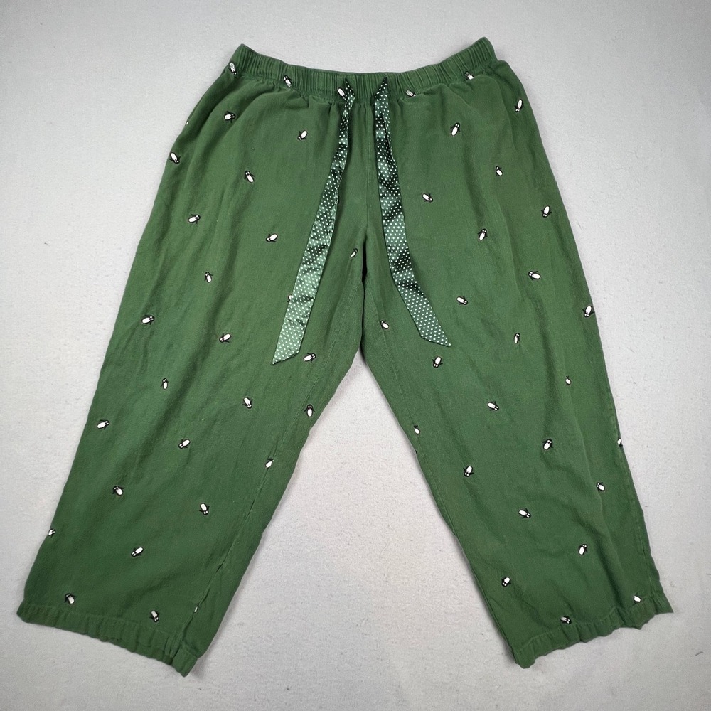 Jockey Penguin Pajama Pants Womens XXL Green Embroidered Cotton Lounge Sleepwear
